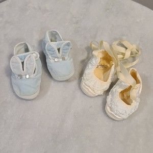 Vintage Baby Size 0 Ivory Satin Ruffled Shoes (USA) & Blue Bunny Shoes (Japan)
